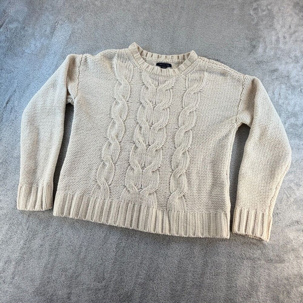 American Eagle Cable Knit Crew Neck Sweater Women's XS Cream Cozy Textured